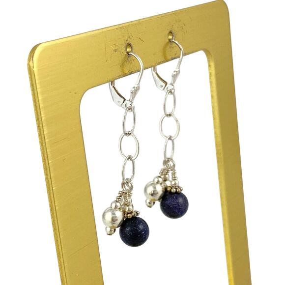 Blue Lapis Lazuli Bead Dangle Latch Back Earrings | Vintage Sterling Silver - Picture 4 of 9